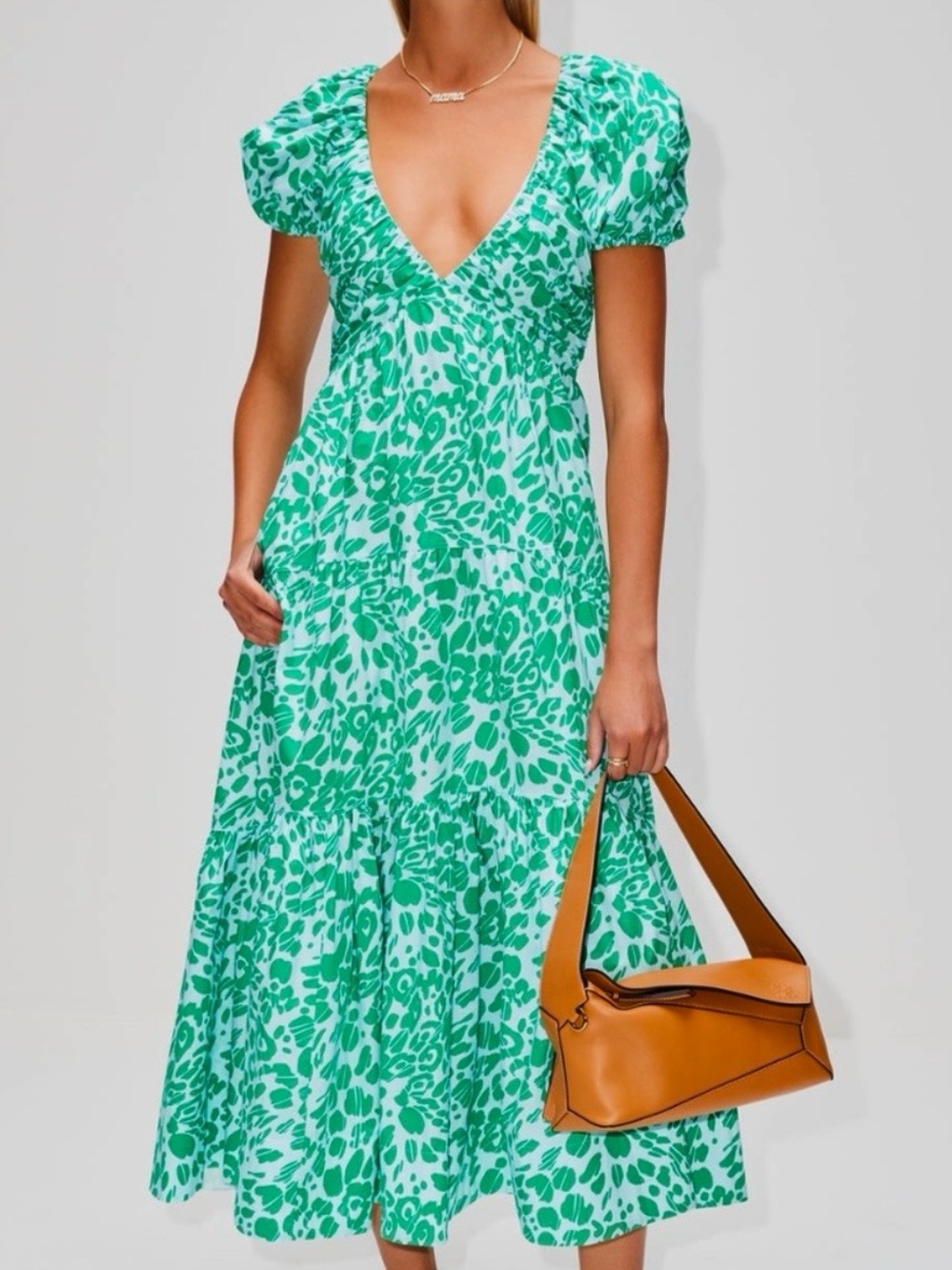 La Ligne  V Neck Puff Short Sleeve Midi dress